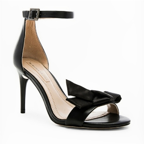 BCBGMAXAZRIA Black Leather Satin Bow Ankle Strap Sandal Heel - Picture 2 of 12